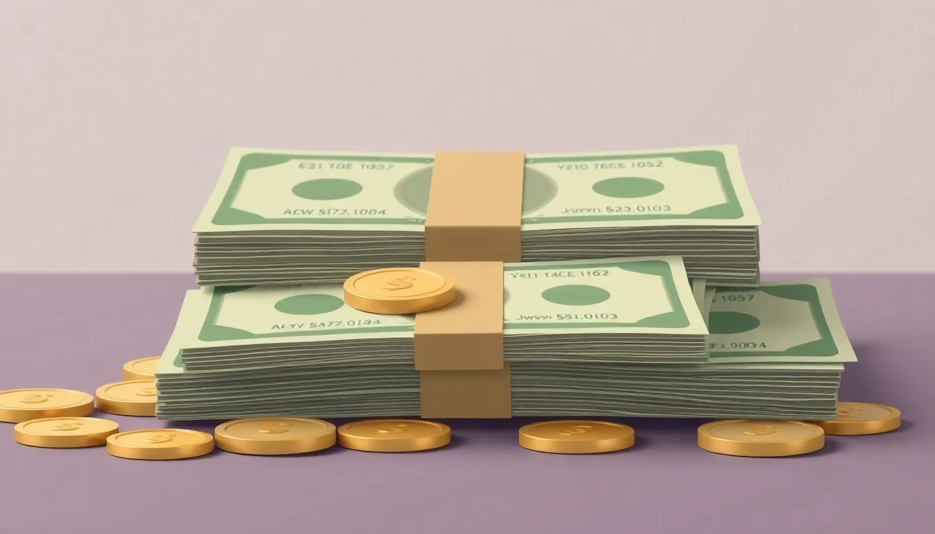 쌓아놓은 돈다발과 금화들이 테이블 위에 놓여 있다.