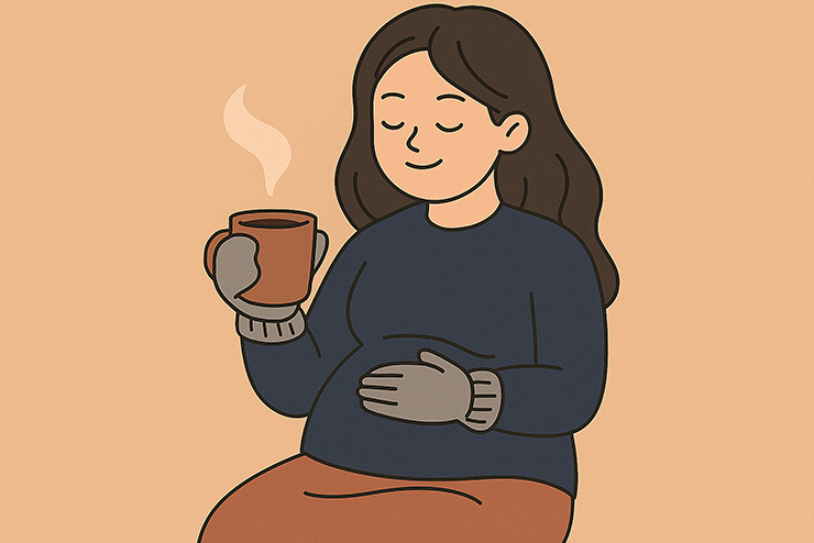 장갑을 낀 임산부가 차를 들고 안정을 취하고 있는 모습입니다.