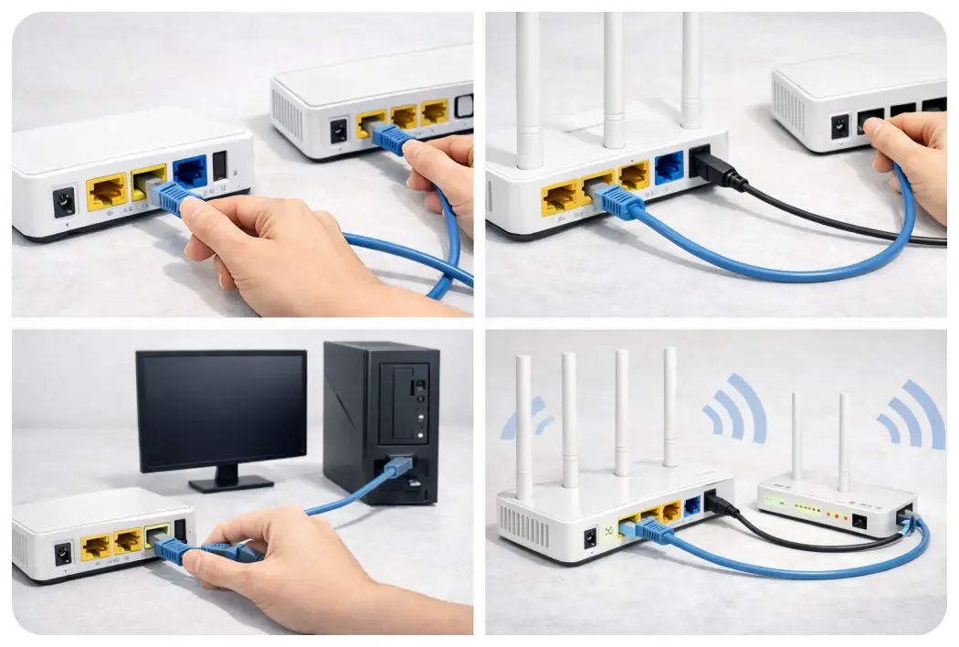 공유기와 기기 간 거리/장애물로 신호가 약해지는 상황을 보여주는 이미지