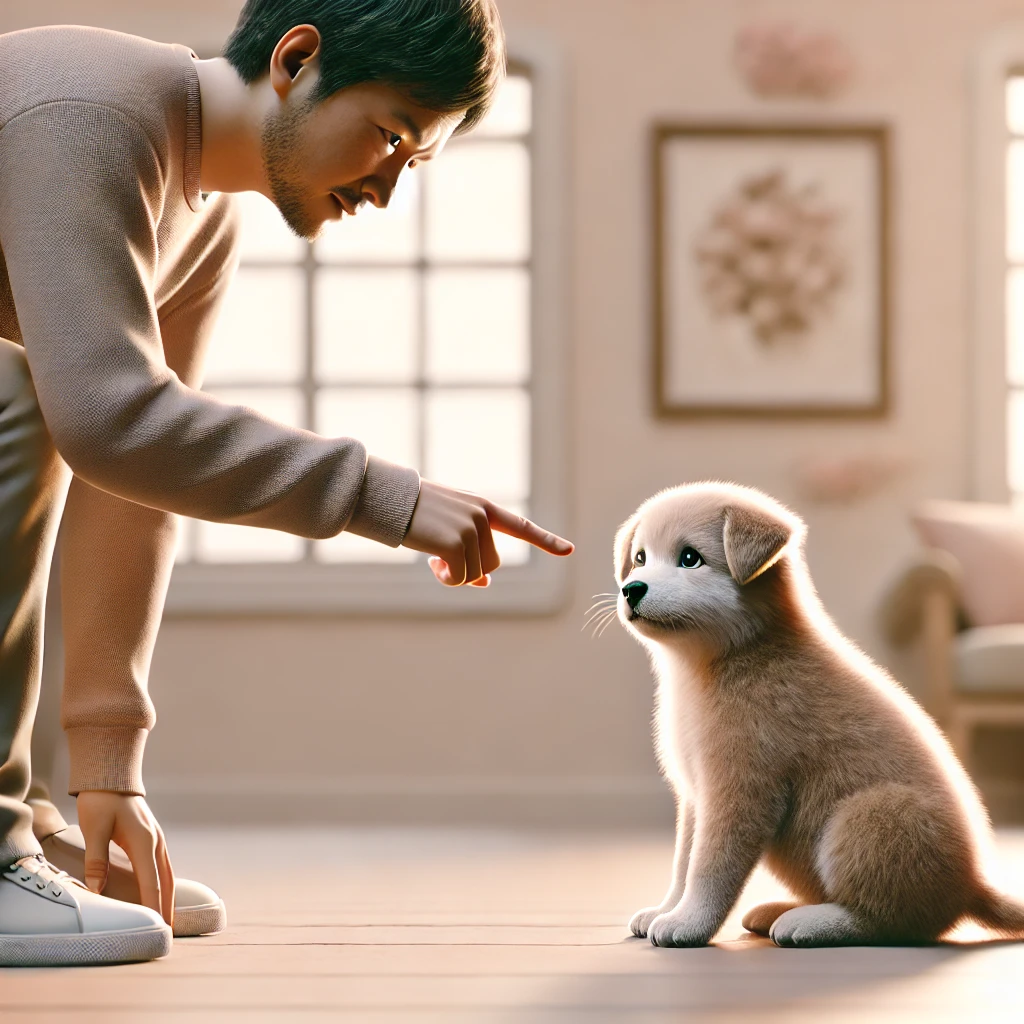 보호자로부터 훈육 받고 있는 강아지의 모습이 귀엽게 담겨있는 이미지의 투샷