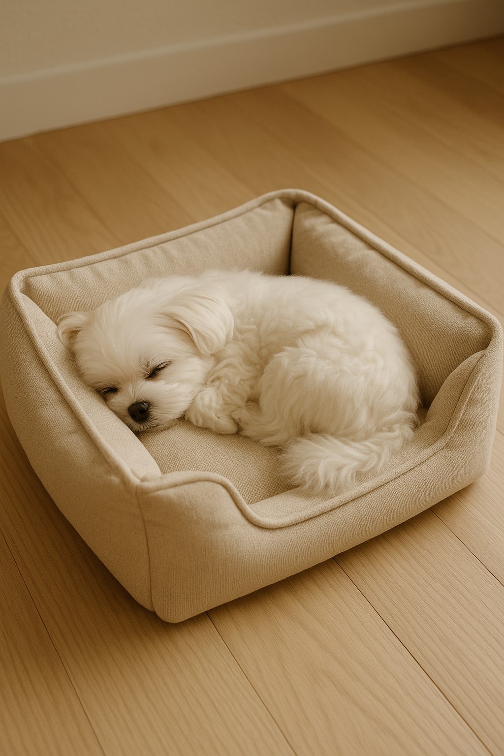 말티즈가 침대에서 웅크리고 자는모습