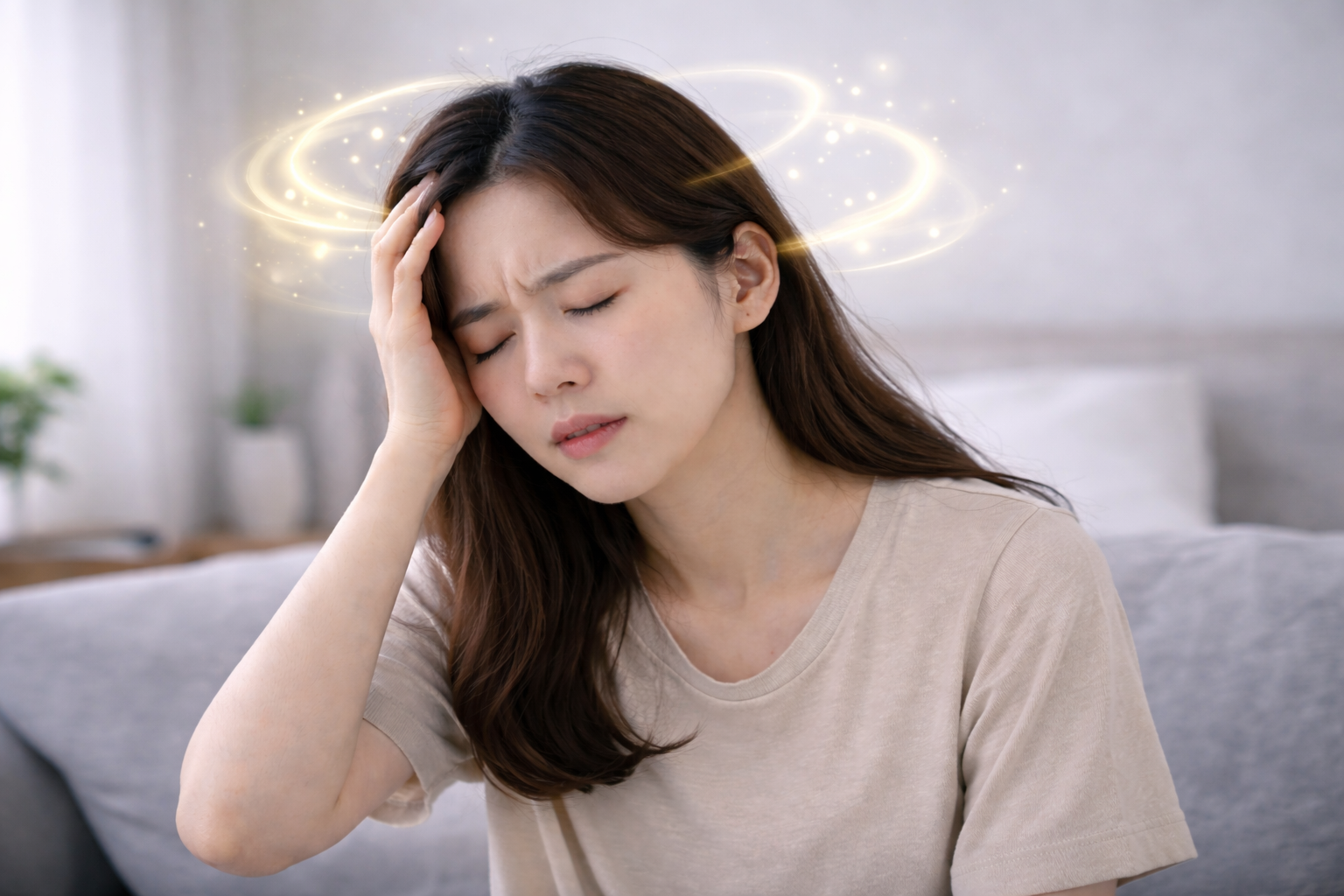 어지럼증을 겪고 있는 여성