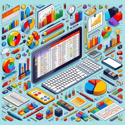 엑셀과 관련된 다양한 기능과 통계 그래프 아이콘을 표현한 이미지입니다.