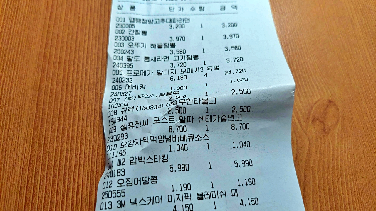 예비군 PX 쇼핑 3일차 영수증(2) - 무한타올&amp;#44; 압박스타킹&amp;#44; 여드름패치 등 생활용품 구매 내역