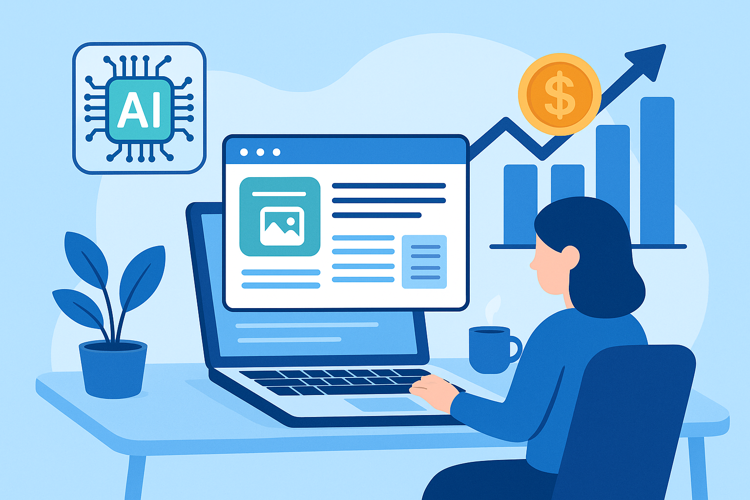 AI를 활용해 블로그 수익화를 준비하는 사람이 노트북 앞에서 작업하고 있는 장면을 밝은 톤의 일러스트로 표현한 이미지