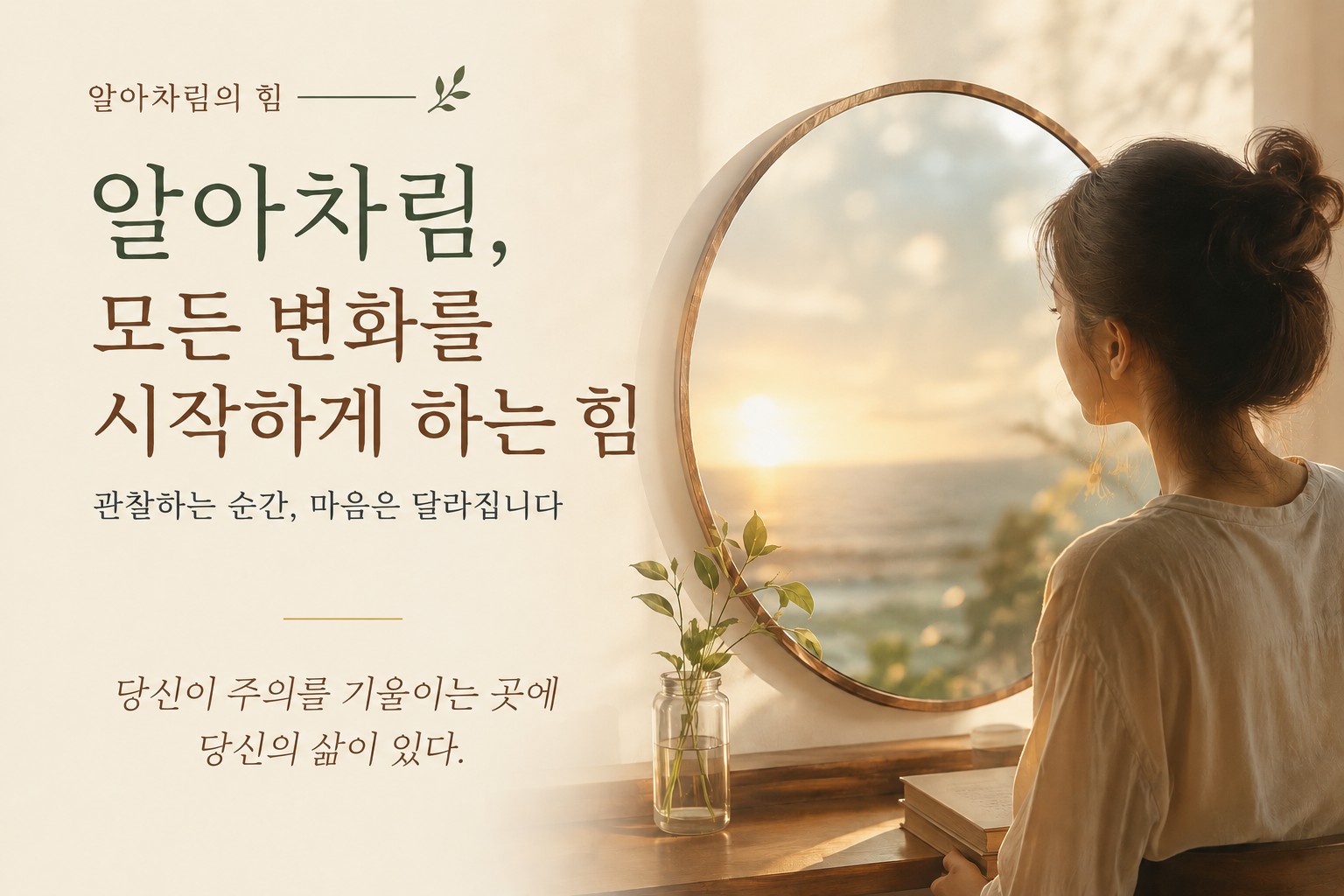 거울 앞에 앉아 자신을 바라보며 알아차림과 자기 관찰을 실천하는 여성의 모습