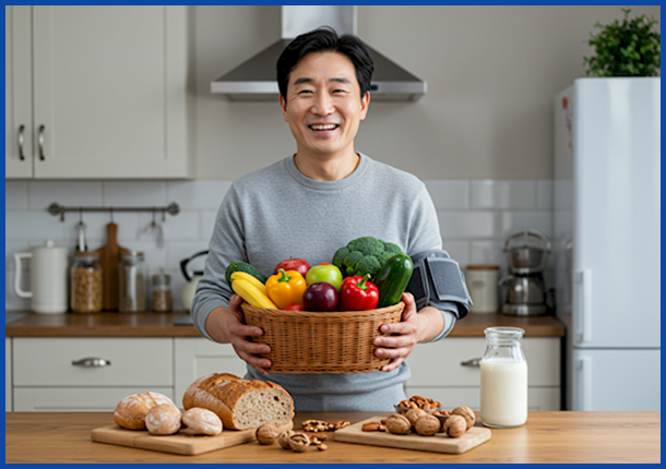 건강한 식단으로 혈압 관리에 성공한 40대 한국 남성이 채소와 과일을 들고 미소 짓는 모습