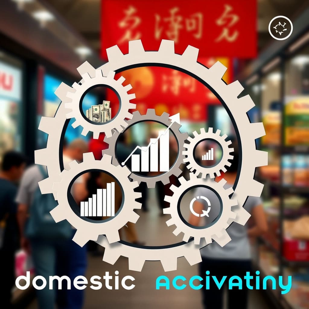 톱니바퀴들이 역동적으로 맞물려 돌아가며 경제가 활력을 되찾는 모습을 추상적으로 표현합니다. 톱니바퀴 안에 돈이나 상승하는 그래프 이미지를 작게 삽입하고, 배경에는 활기찬 도시나 상점가의 모습을 흐릿하게 배치합니다. '내수 활성화', '경기 회복' 등의 키워드를 연상시키는 디자인 요소를 추가합니다.