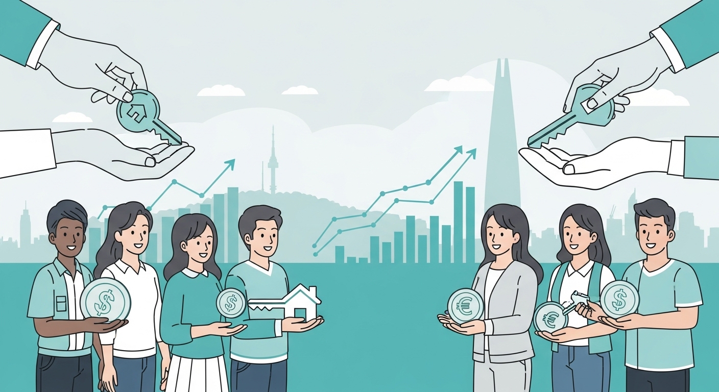 서울시 임차보증금 이자지원 확대로 기뻐하는 신혼부부와 청년들의 모습. 소득 및 자산 기준 완화를 상징.