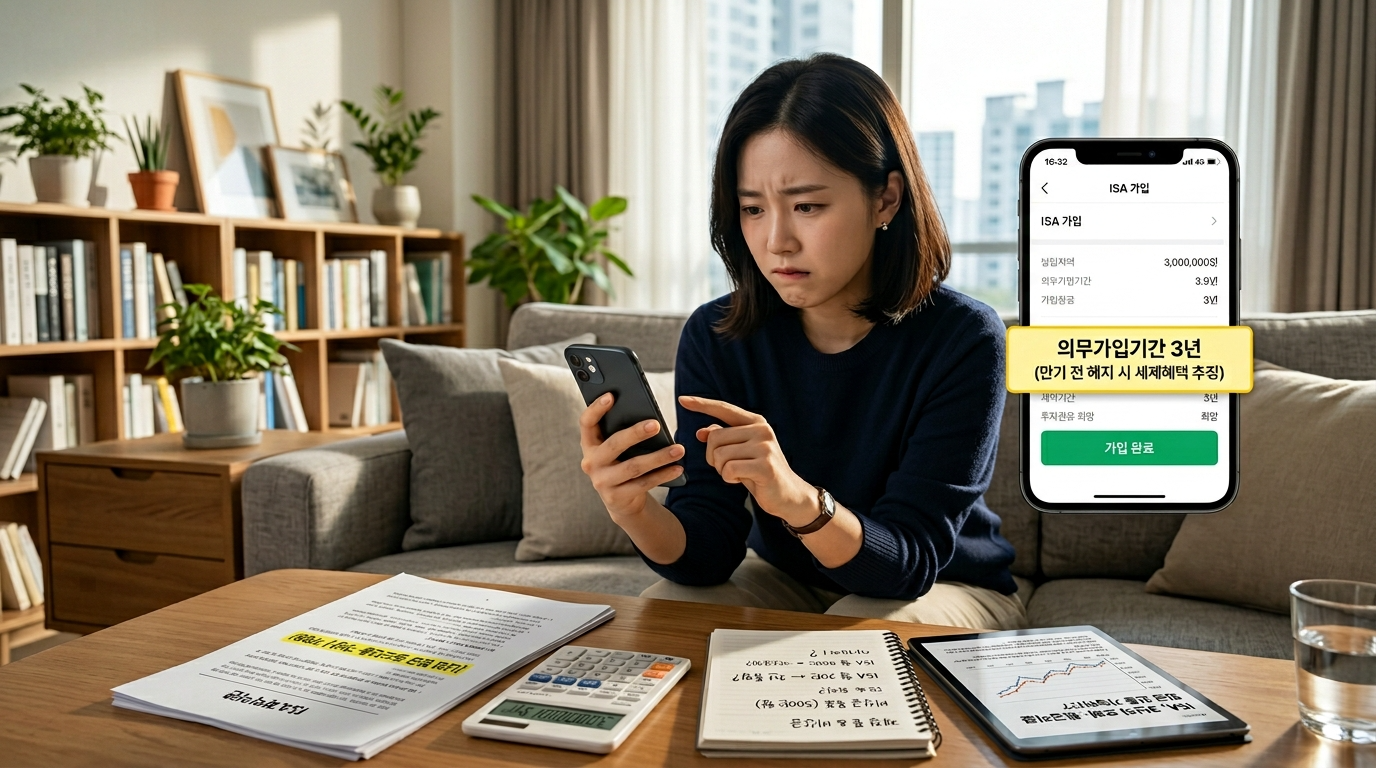소파에 앉아 스마트폰으로 ISA 약관 확인 중
