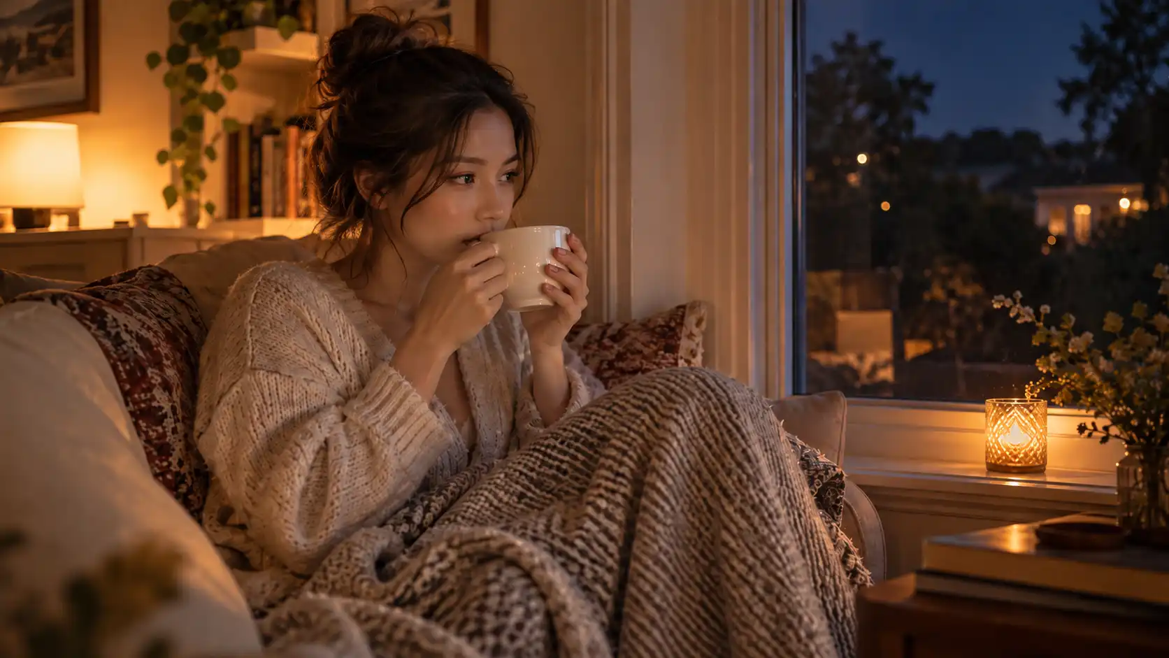 늦여름 밤 창가 자리에 앉아 두 손으로 따스한 찻잔을 감싸 쥐고 차를 마시는 모습