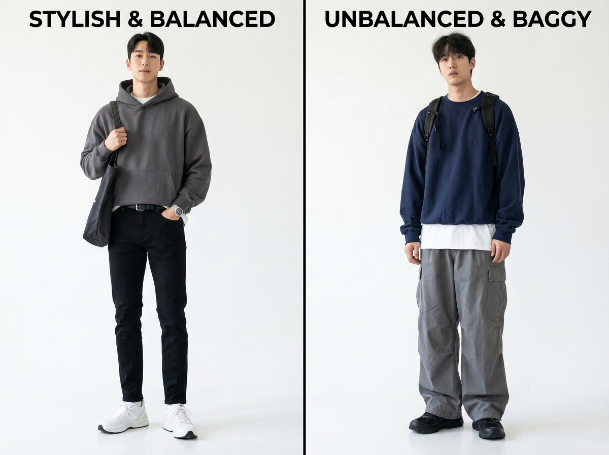Side-by-side comparison of two outfits, one with oversized top and slim pants looking stylish, one with baggy top and wide pants looking unbalanced, white background