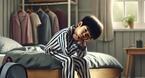 아침에 일어나긴 했지만 여전히 의욕 없는 아이의 모습