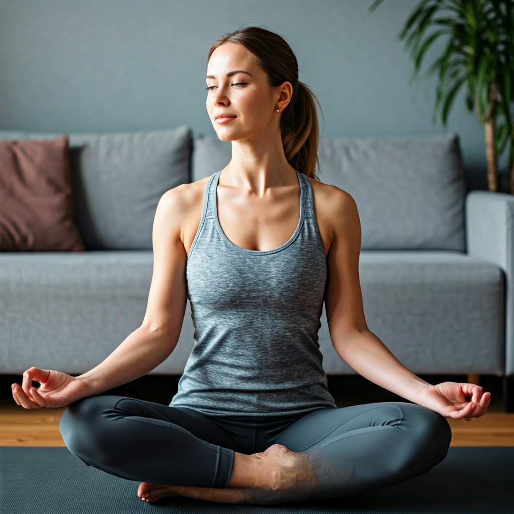 여유롭게 집에서 요가를 즐기는 여성 사진