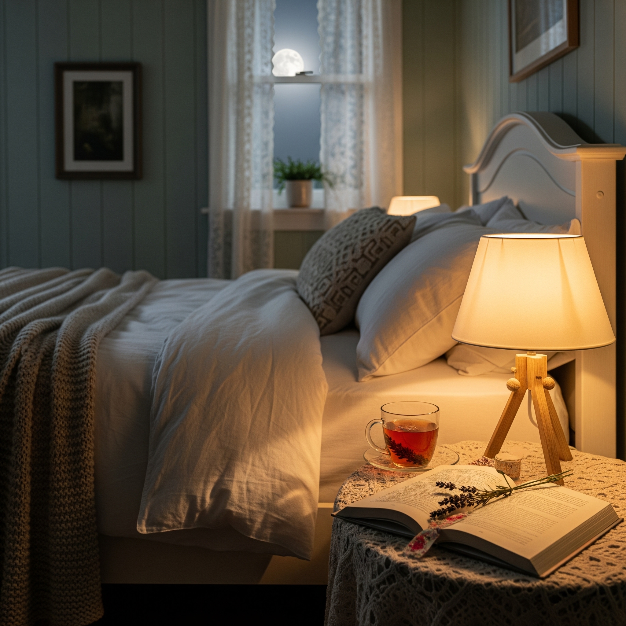 아늑하고 편안한 분위기의 침실 사진. 잠들기 좋은 환경 조성이 불면증 해결에 중요함을 암시하며, 사이버 보부상이 제안하는 꿀잠 비법의 핵심