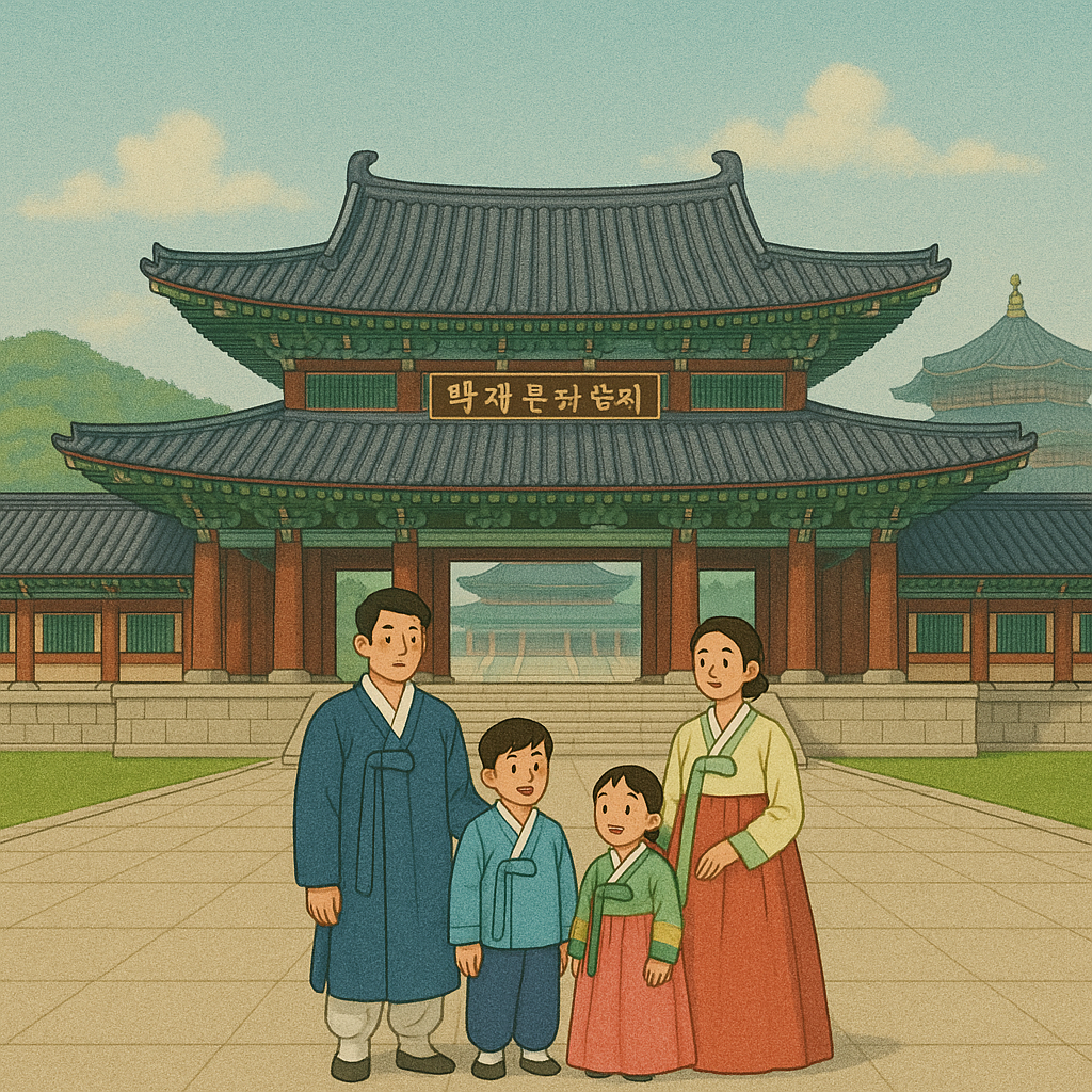 백제문화단지의 궁궐 전경 + 전통복 입은 가족 일러스트