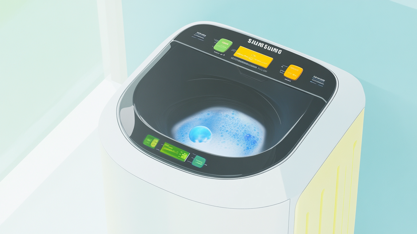 미래형 삼성 세탁기의 세련된 현대적 디자인과 AI 제어 LED 터치스크린 및 에코버블 기능을 갖춘 이미지입니다. 생생한 인체공학적 버튼과 스튜디오 조명이 포함된 고품질 이미지입니다.