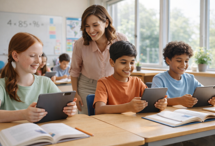 태블릿을 활용해 수업에 참여 중인 초등학생들과 이를 지도하는 교사 모습