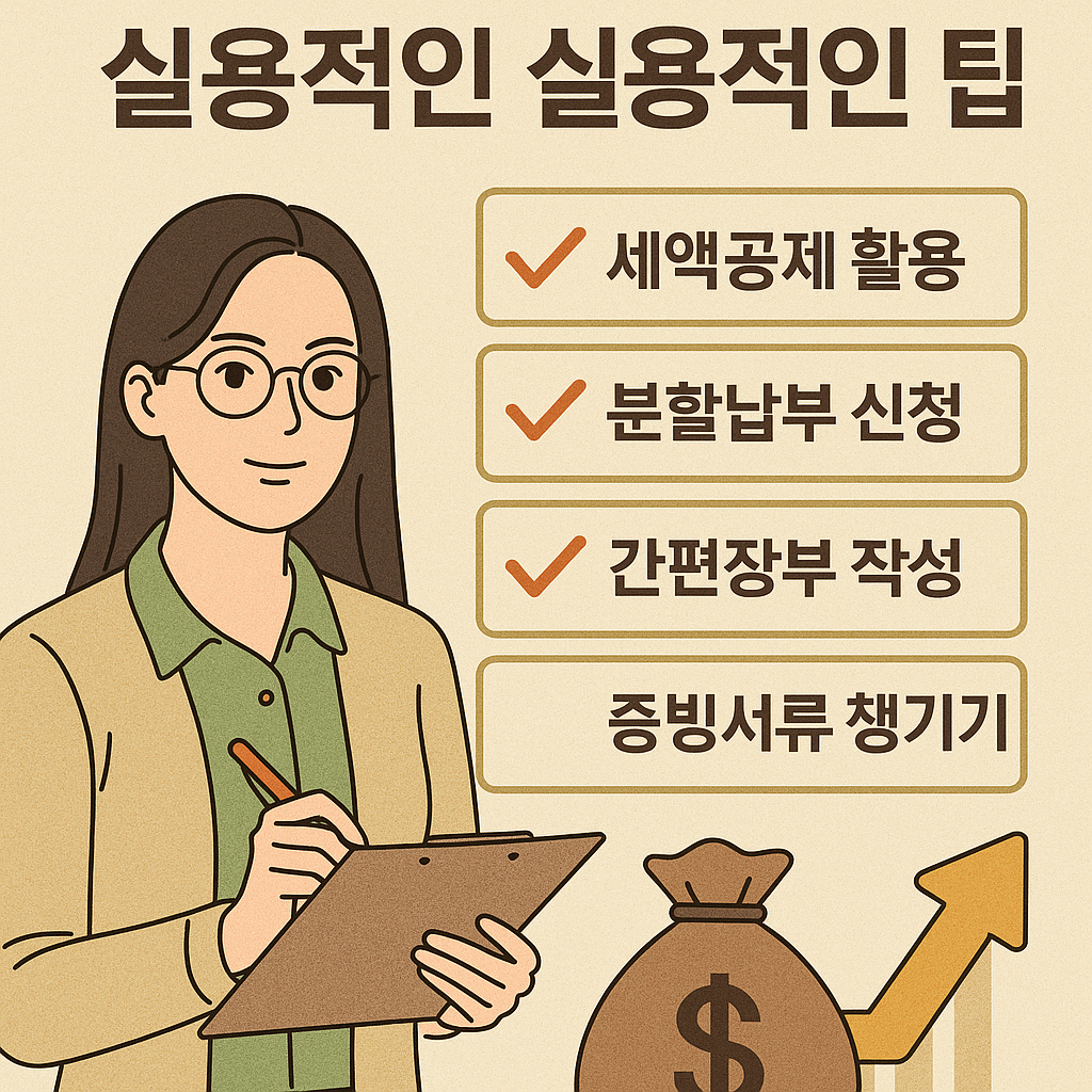 세금 공제 항목을 체크하며 꼼꼼히 확인하는 모습의 인포그래픽