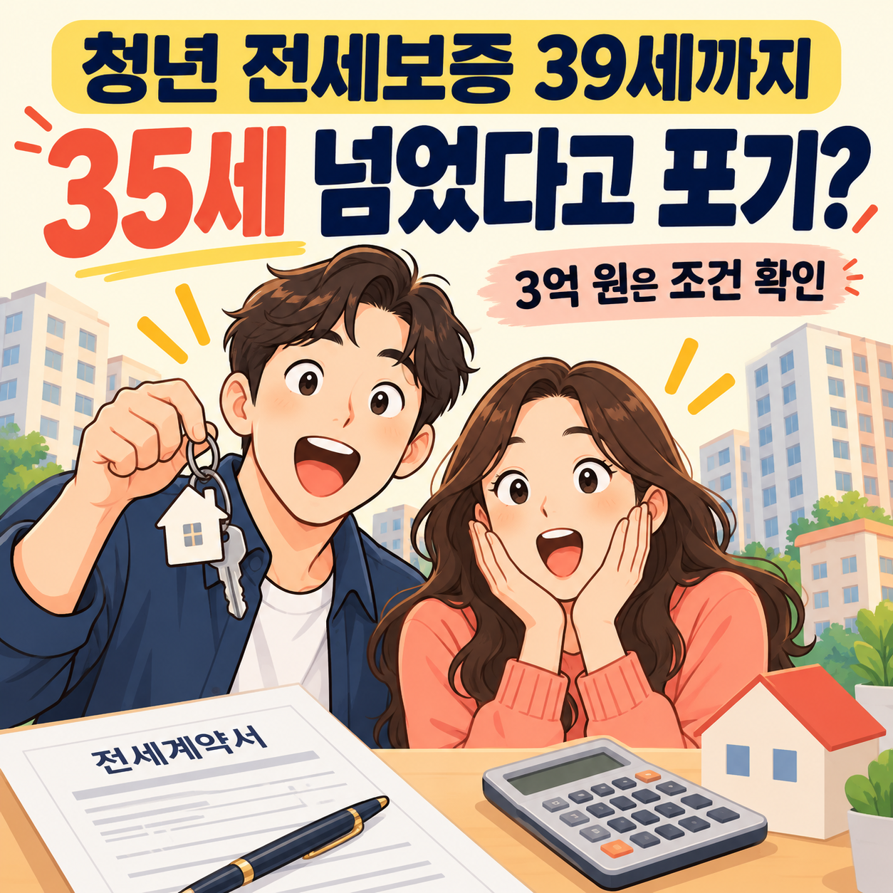 청년 특례전세보증 만 39세 확대와 신혼 자녀양육가구 3억 원 보증한도를 표현한 일러스트