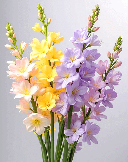 연분홍색, 노란색, 연보라색꽃들이 가득하다.