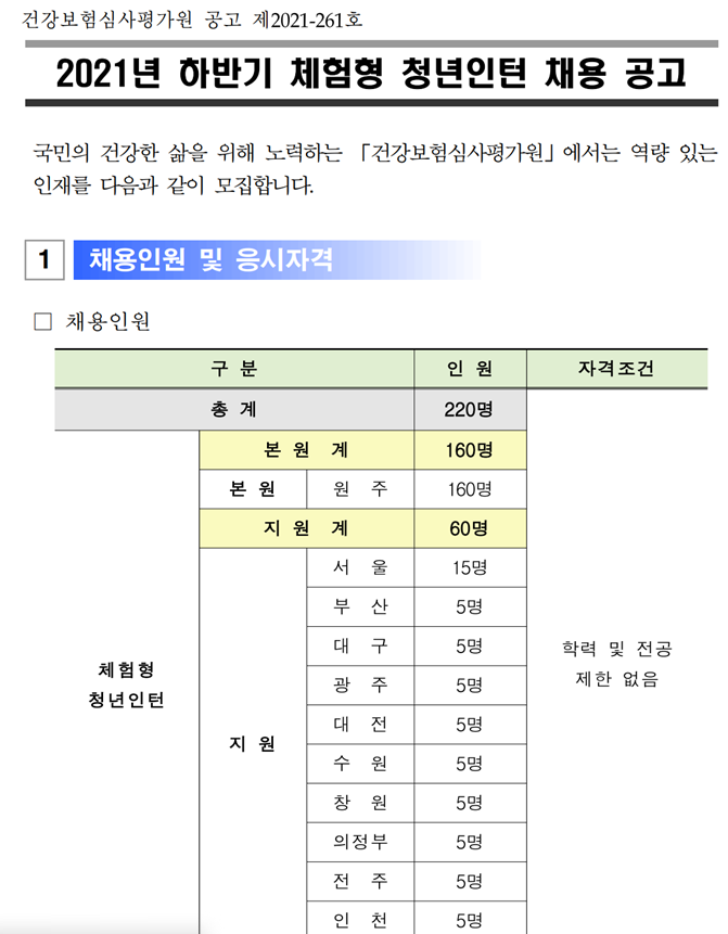 건강보험심사평가원 체험형 인턴 채용
