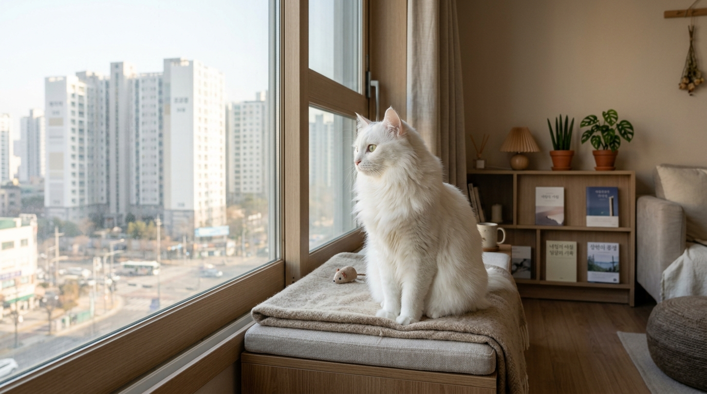 창가에 앉은 흰 고양이 별이