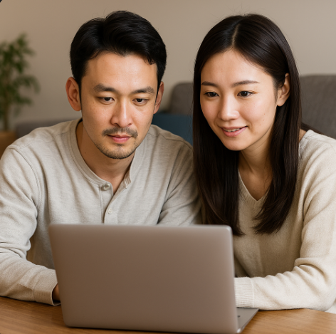 부부가 함께 지원금 제도에 대해 시청홈페이지를 보며 확인하는 모습입니다,