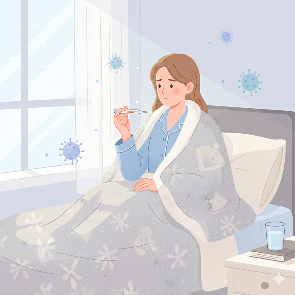 겨울 햇살이 비치는 방 안, 침대 위에서 담요를 덮고 체온계를 확인하고 있는 아픈 사람의 모습. 파스텔톤의 차분하고 깨끗한 플랫 일러스트 스타일로 건강 블로그 썸네일에 적합한 이미지