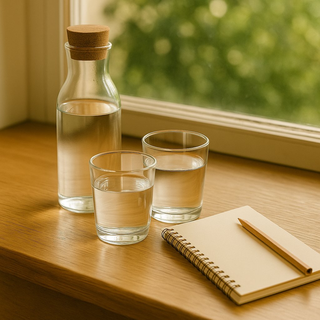 주방 테이블 위에 유리 물병과 컵, 건강 노트와 나뭇잎이 놓인 햇살 가득한 장면