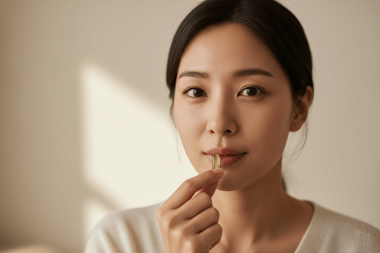 대마종자유 소프트젤 캡슐을 섭취하기 전 입가에 든 여성 클로즈업