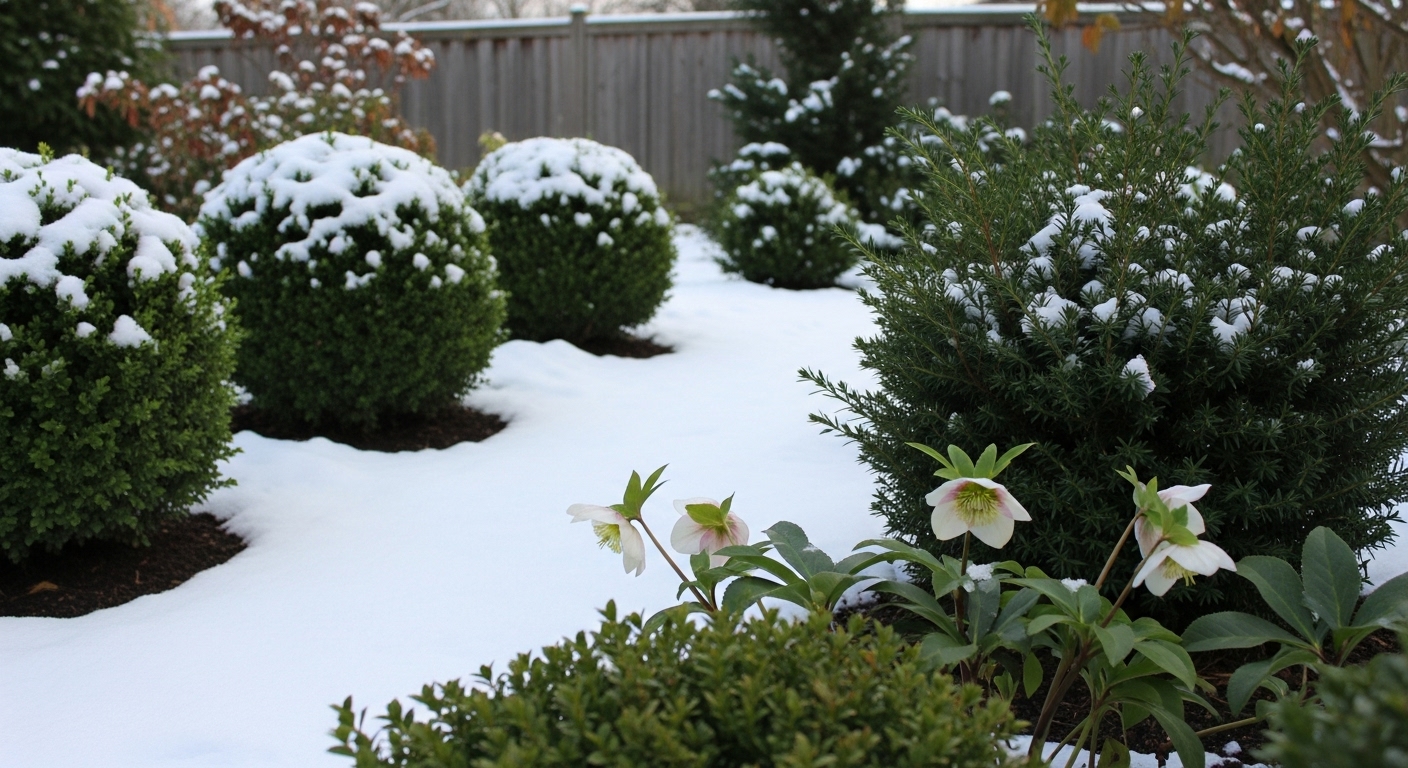 눈이 덮인 겨울 정원 오솔길. 회양목과 눈향나무 같은 상록 관목이 길을 따라 늘어서 있고, 헬레보루스 꽃이 피어 고요하고 아름다운 겨울 분위기를 연출합니다.