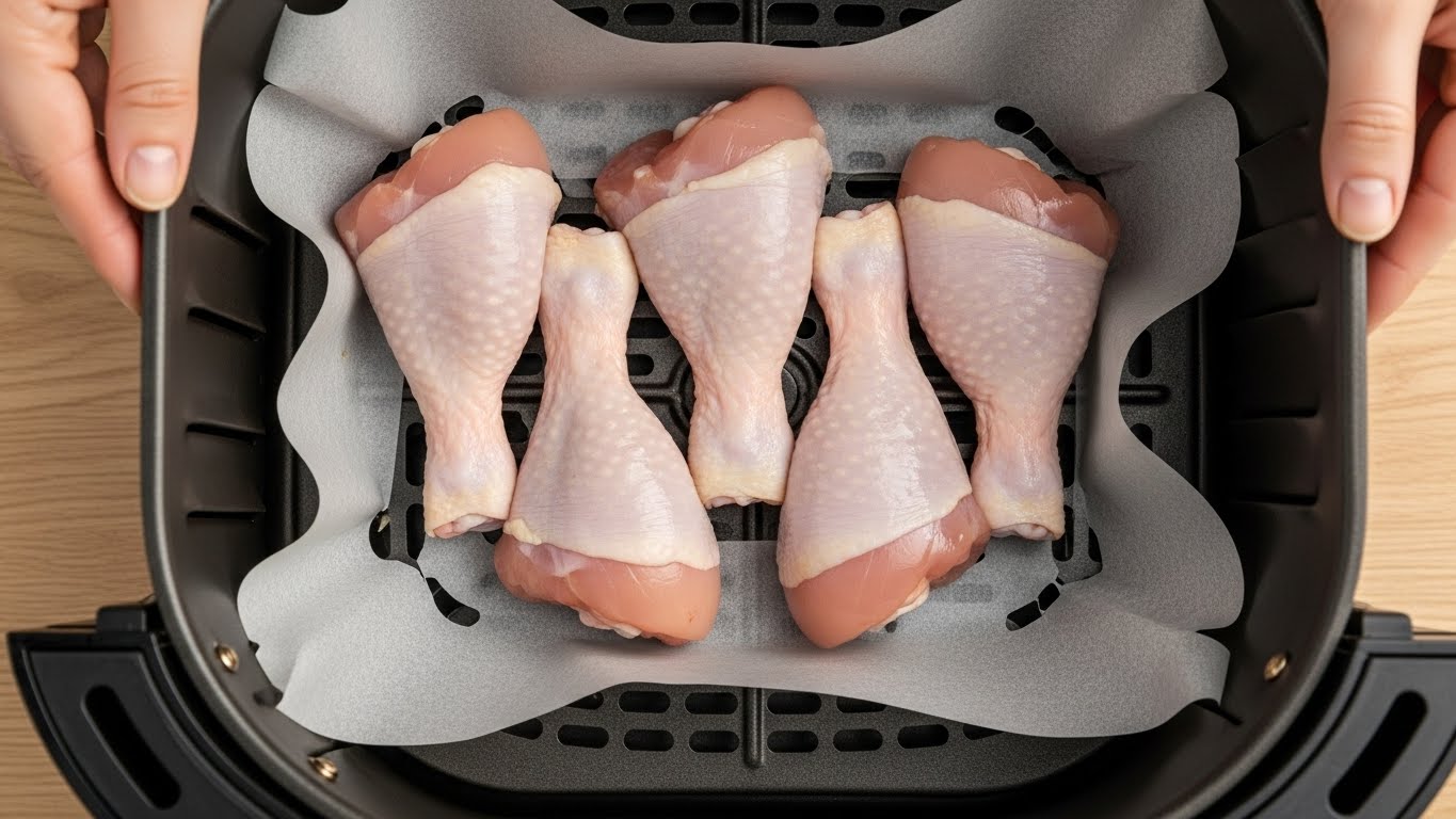 에어프라이어에 음식으로 안전하게 고정된 종이호일을 보여주는 이미지.