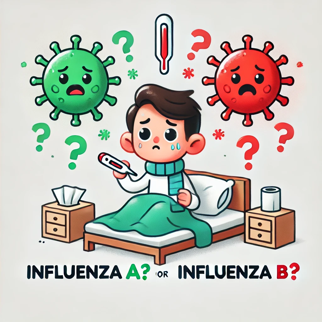 독감에 걸린 아이가 A형 독감인지 B형 독감인지 궁금해하는 모습