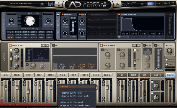 각 악기별 아래 화살표를 클릭하여 각 악기별 아웃풋을 선택