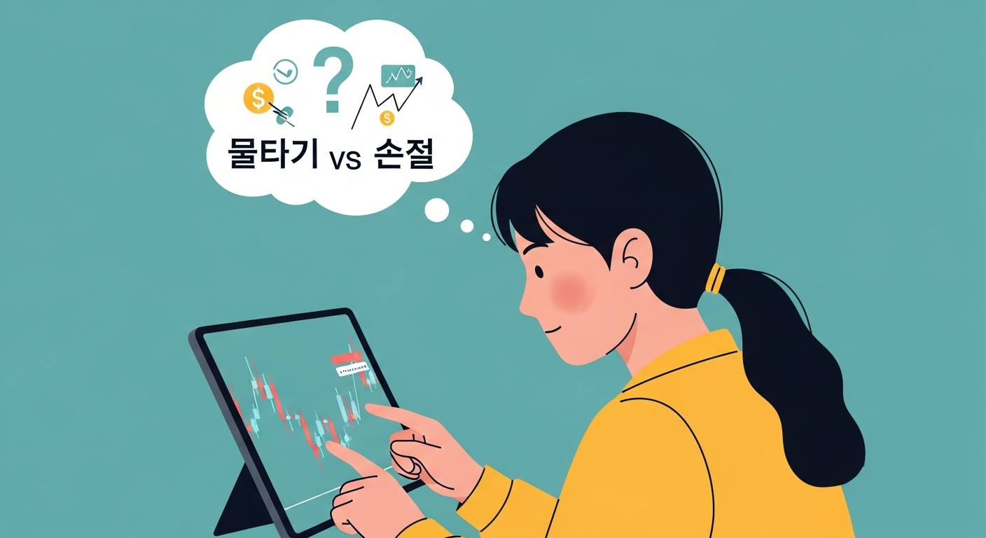 주식 차트를 보며 물타기 또는 손절 여부를 고민하는 MZ세대 투자자의 모습.