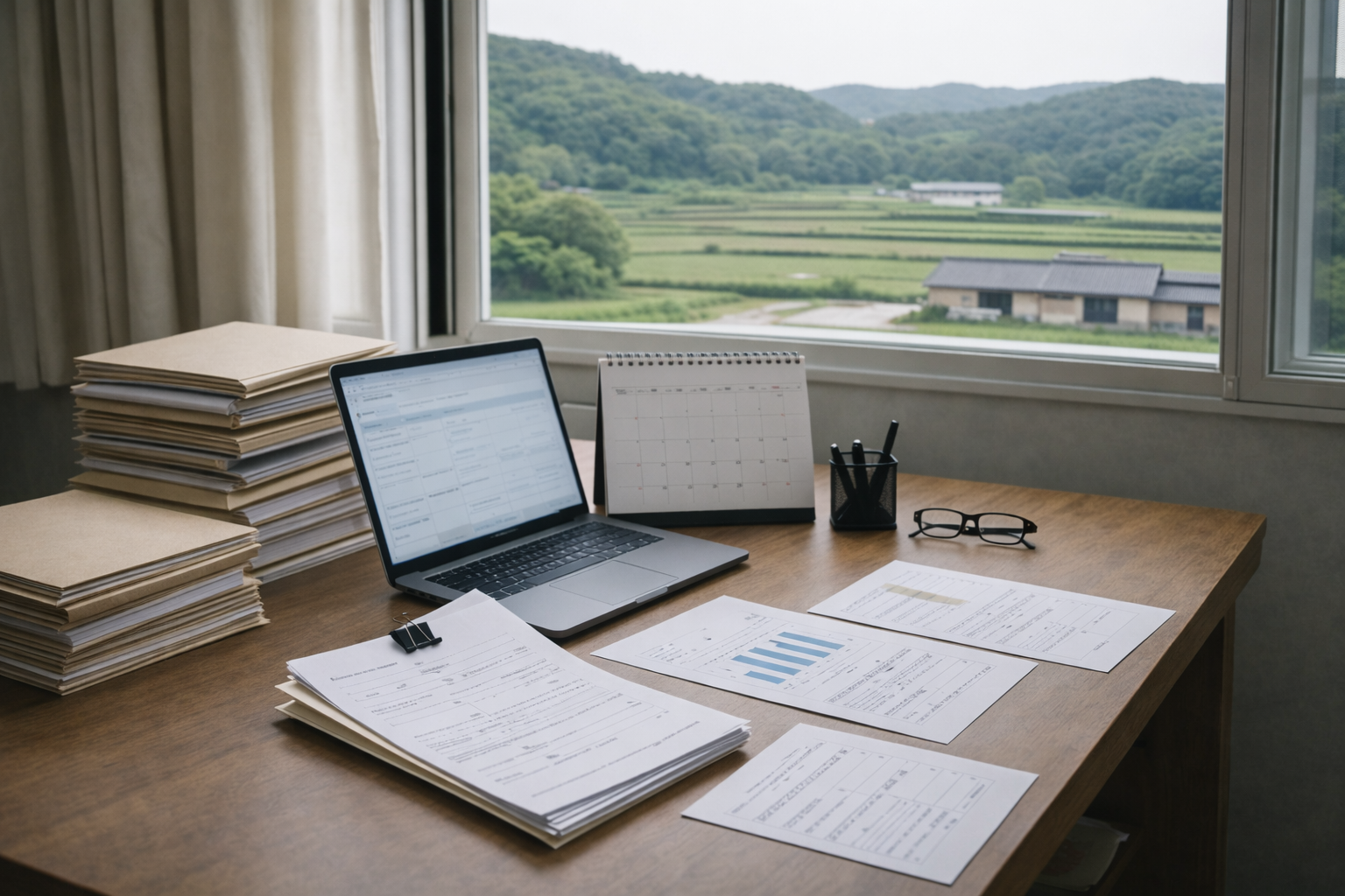 지자체 귀농 지원 예산 검토를 위해 신청 서류와 일정표가 정리된 농촌 행정 업무 책상