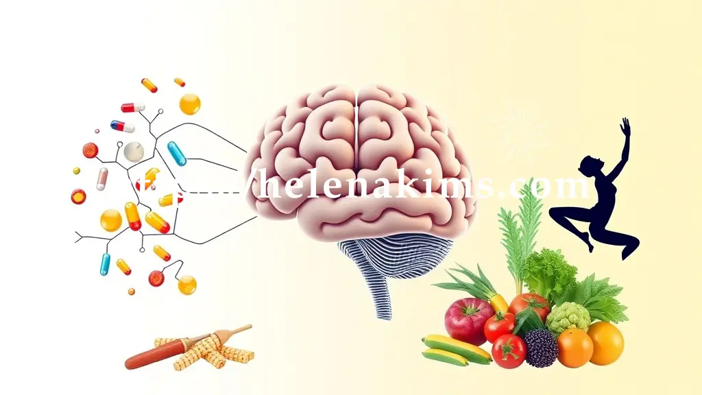 뇌를 중심으로 파킨슨병 치료의 상징하는 요소들, 한쪽에는 다양한 약물의 형태(정제, 캡슐)가 약물 치료의 중요성을 표현, 다른 한쪽에는 요가나 스트레칭을 하는 사람의 유연한 실루엣이 빛나는 에너지와 함께 움직임을 나타내 재활 및 운동 요법을 표현하고, 신선한 채소와 과일이 담긴 균형 잡힌 식단이 건강한 생활 습관을 강조한다.