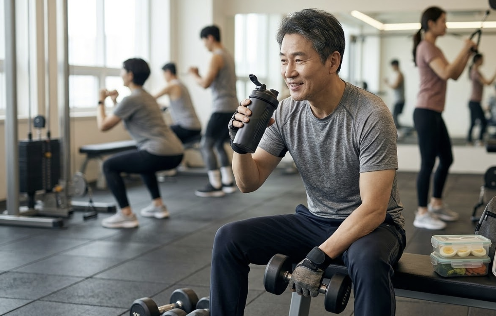 50대 중년 남성이 저항 운동을 마치고 근육 회복을 위해 단백질을 챙기고 있는 모습