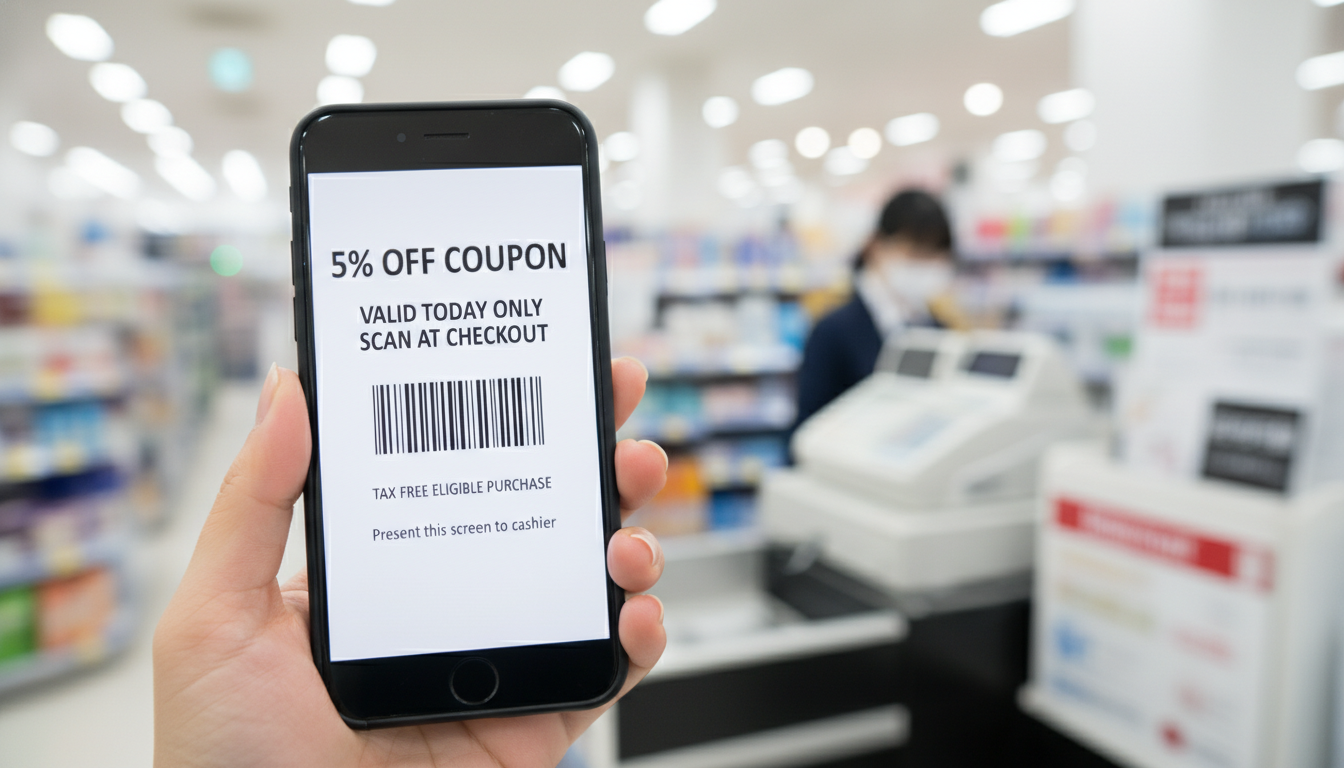 스마트폰 화면에 띄워진 돈키호테 5% 할인쿠폰과 바코드