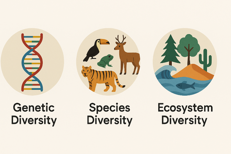 생물다양성의 세 가지 유형: 유전적, 종, 생태계 다양성