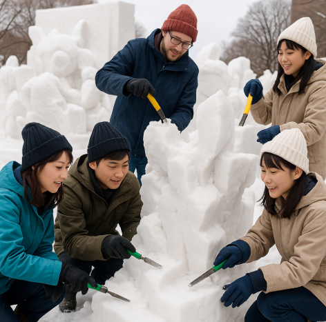 삿포로 눈축제에서 봉사활동으로 함께 눈 조각을 만드는 모습입니다.
