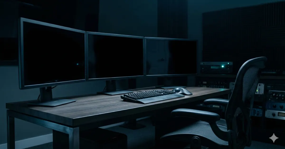 어두운 조명 아래 세 대의 모니터와 키보드, 마우스가 놓인 전문적인 영상 편집 데스크와 작업용 의자의 모습.