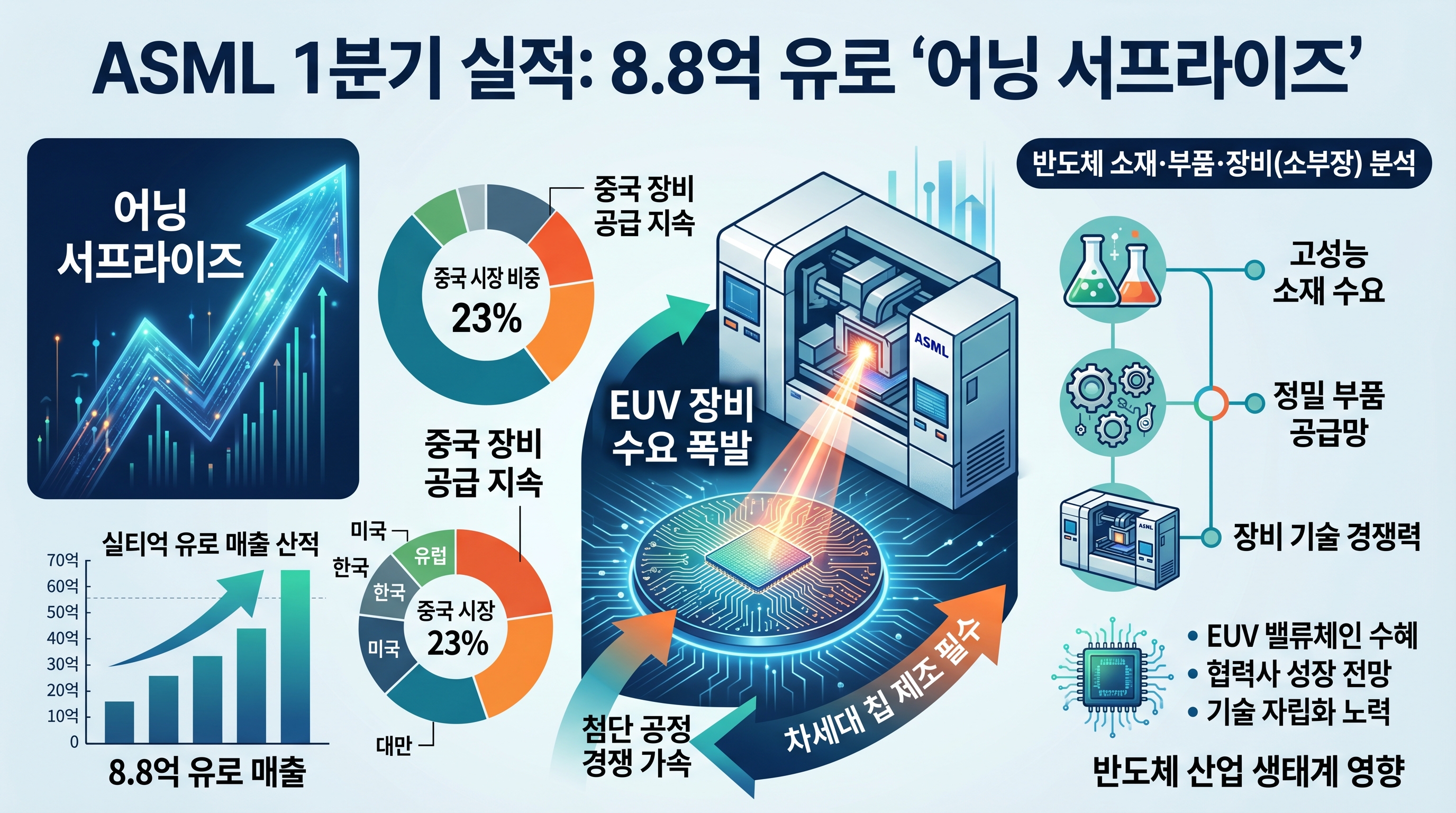 ASML 1분기 실적 88억 유로 어닝 서프라이즈 중국 비중 23% EUV 장비 수요 폭발 반도체 소부장 분석