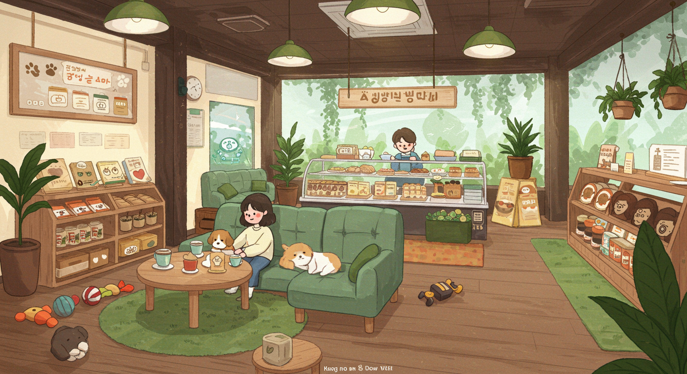 부산 반려견 동반 실내 카페에서 강아지와 보호자가 함께 휴식하는 모습