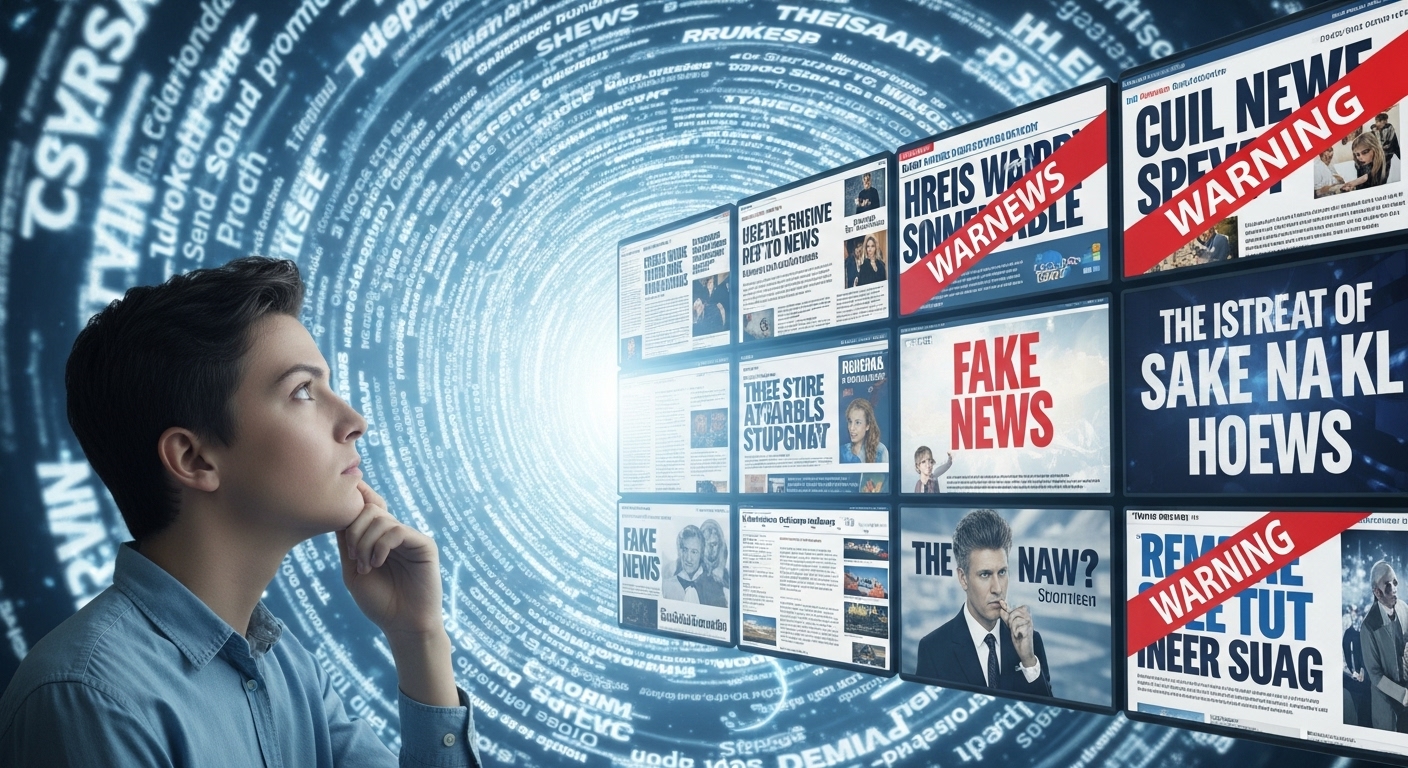 다수의 스크린에서 진실과 거짓 정보가 뒤섞여 있는 모습을 보며 진실을 분별하려는 사람의 모습. 정보 과부하 시대의 비판적 사고를 상징한다.