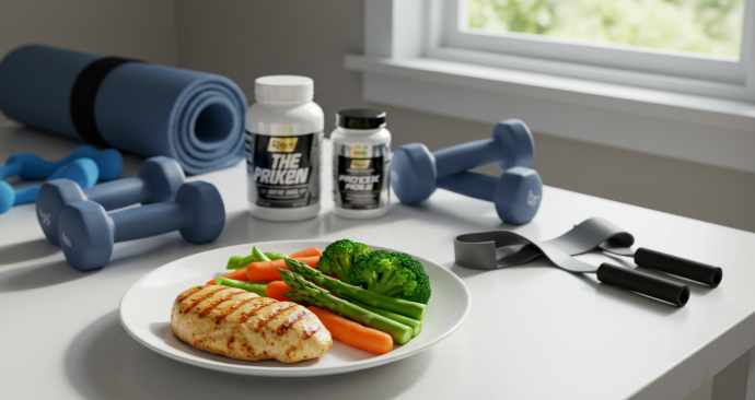 건강한 식단, 운동 기구, 그리고 몇 가지 영양제가 함께 있는 모습