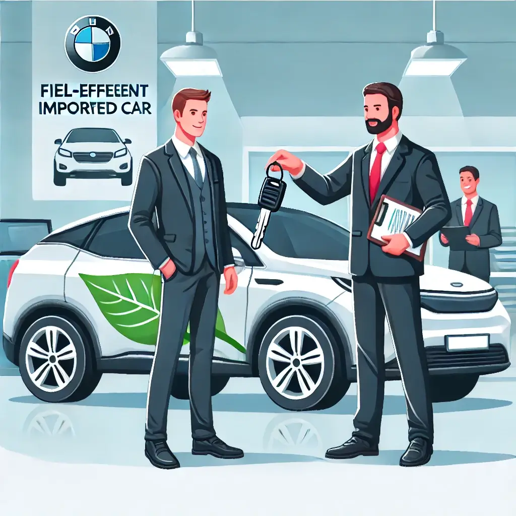 연비 좋은 수입차를 구매하는 남자의 신중한 모습.