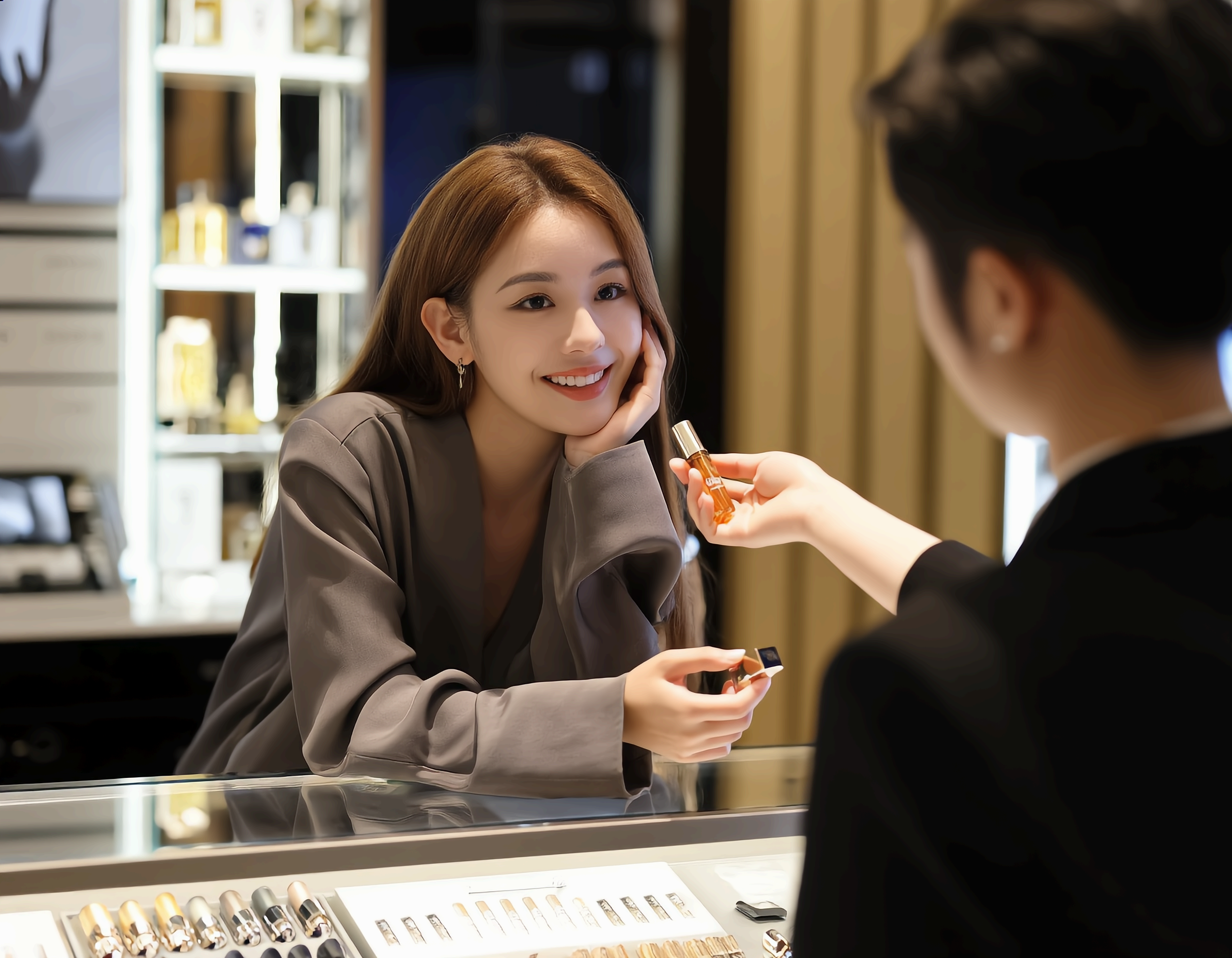 백화점 화장품 코너에서 직원의 설명을 들으며 제품을 살펴보는 모습