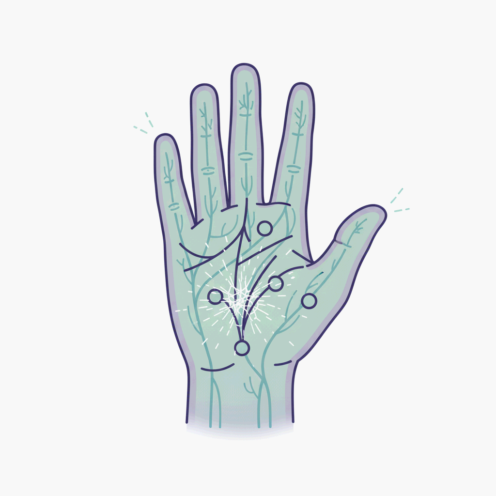 손발이 저릴 때 발생하는 감각 신호의 과정을 표현한 손바닥 일러스트레이션